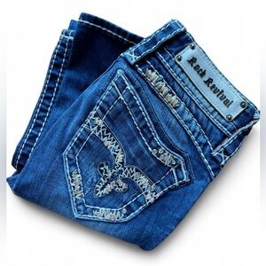 Buckle Dark Blue Jeans with Rhinestones & Embroidery